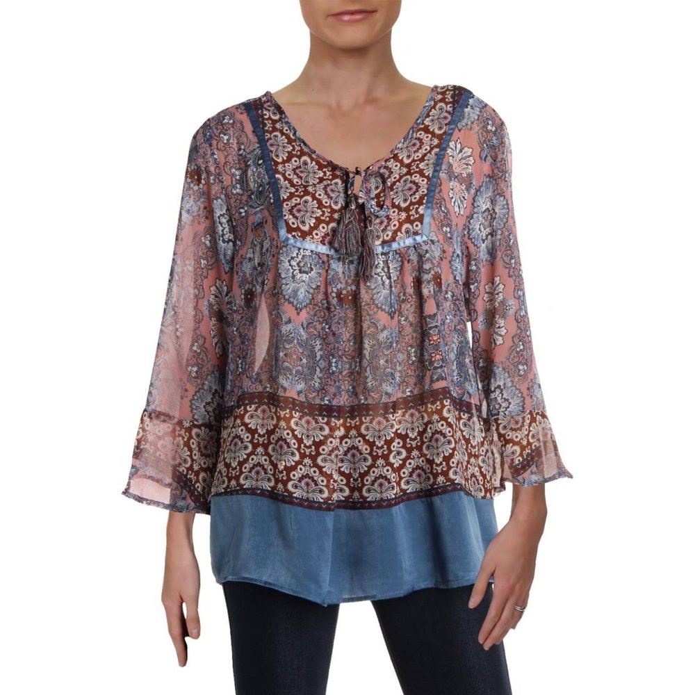 Style & Co Womens Printed Tassel Peasant Top Size Medium